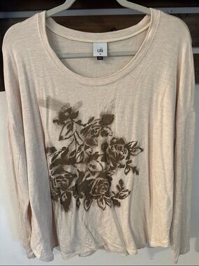 CAbi Cream Long-Sleeve Scoop Neck Top with Brown Floral Print